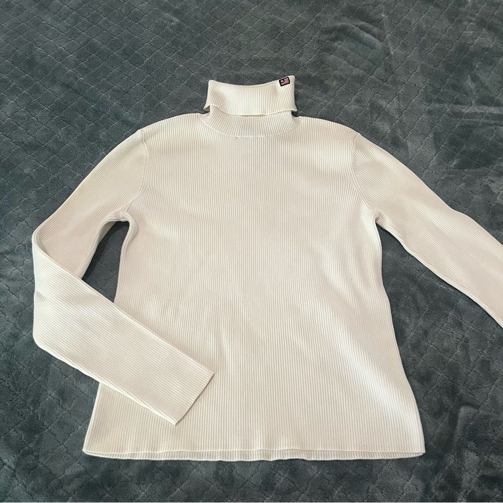 Ralph Lauren Cream Ribbed Turtleneck Sweater American flag‎ logo L